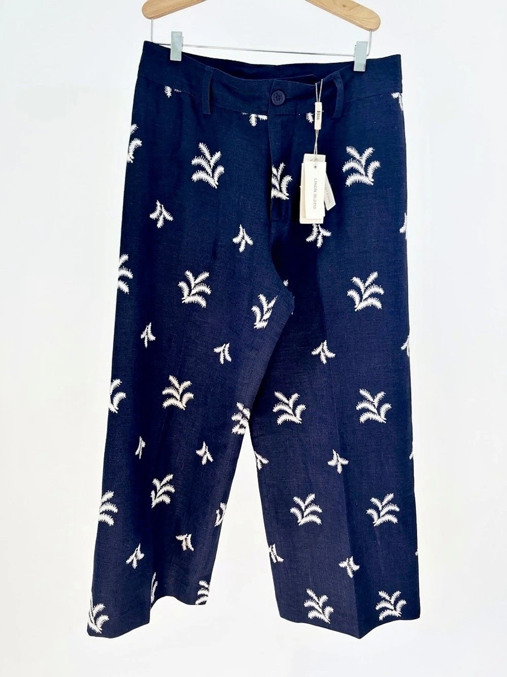 NWT Elie Tahari Embroidered Linen Blend Wide-Leg Trousers Pants  Size 10